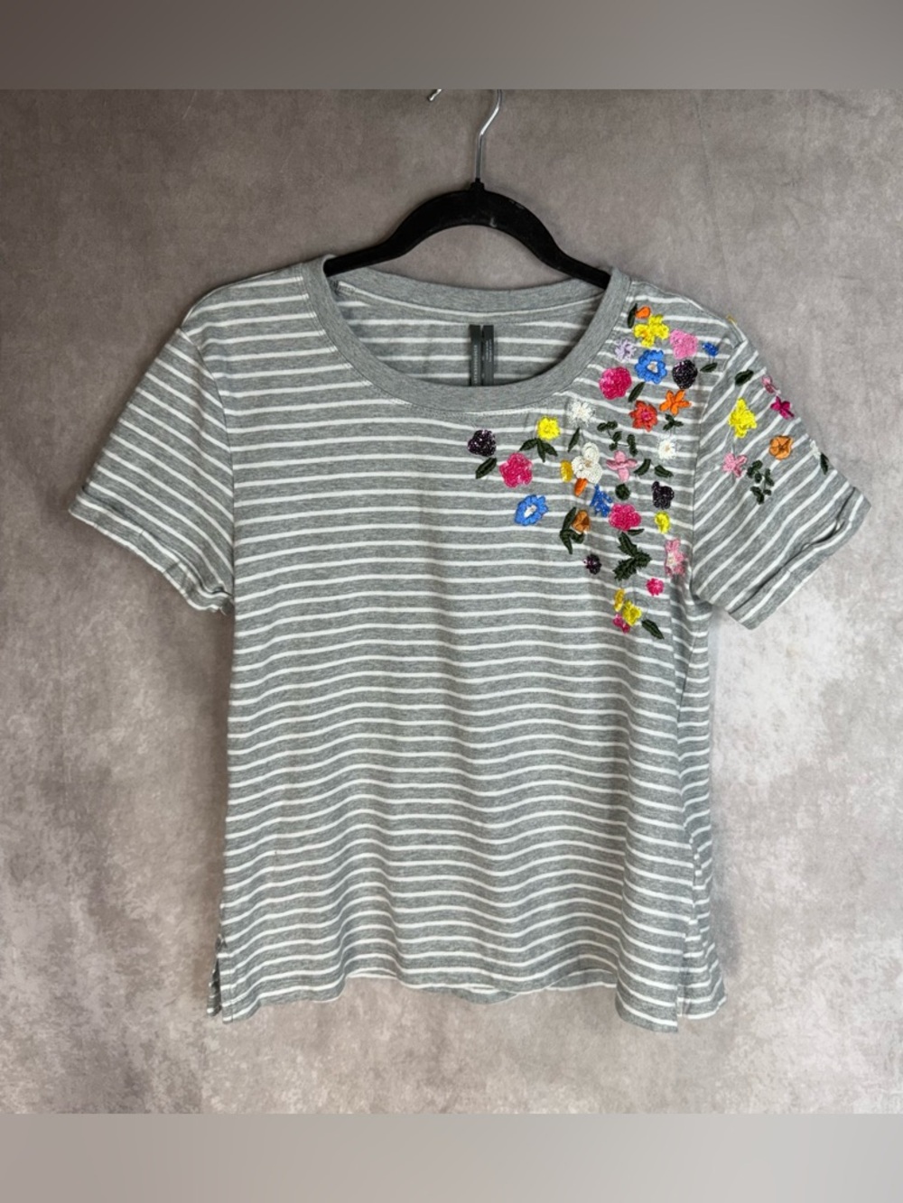 Anthropologie Embroidered Striped Floral Beaded Short Sleeve Tee In Gray Size S